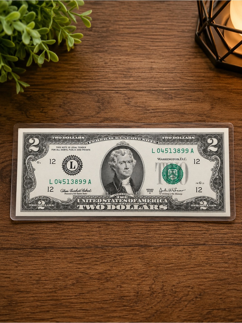 Mint condition Classic Two Dollar Bill Display Sleeve and bill